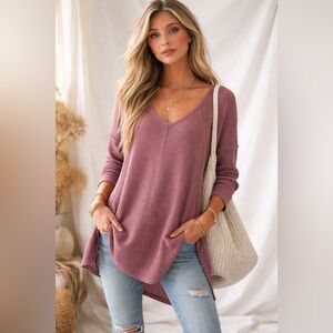 Cherish Mauve Waffle Knit Tunic Top Oversized V-Neck Long Sleeve L